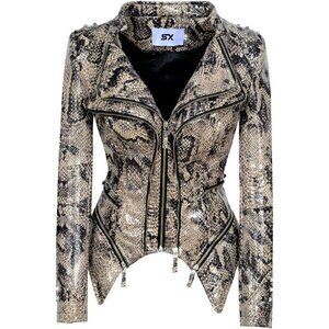 Women's Snake Pattern Rivet Studded PU Faux Leather Jacket Moto Biker Coat.